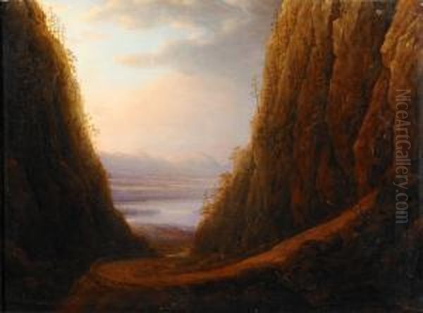 Romantiskt Landskap I Morgonrodnad Oil Painting by Carl Johan Fahlcrantz