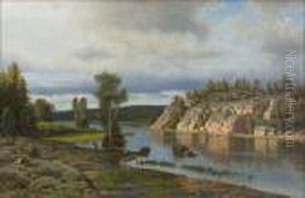 Iltavaloakallioilla. Oil Painting by Carl August Fahlgren