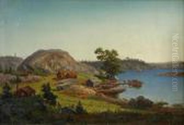 Cottages By A Fjord Oil Painting by Carl August Fahlgren