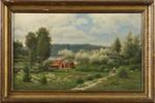 Sommarlandskap Med Far O Barn Oil Painting by Carl August Fahlgren