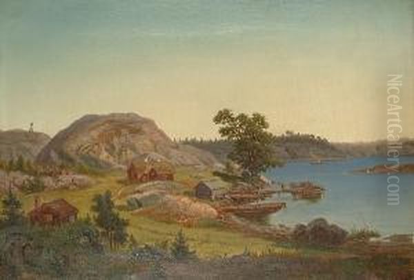 Landscape With Figures Beside A Fjord. Oil Painting by Carl August Fahlgren