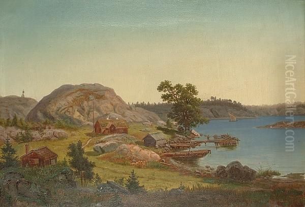 Landscape With Figures Beside A Fjord Oil Painting by Carl August Fahlgren