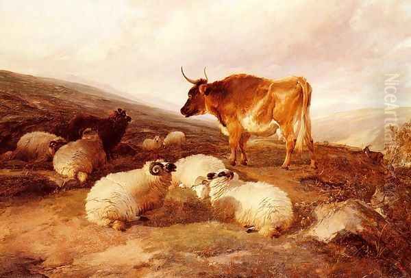 Rams And A Bull In A Highland Landscape Oil Painting by Thomas Sidney Cooper