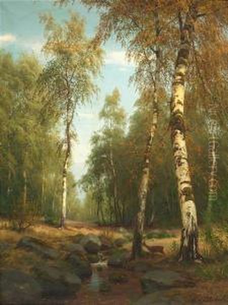 Clearance In A Birch Forest With Deers At A Brook. Oil/canvas, Signed Oil Painting by Carl Ludwig Fahrbach