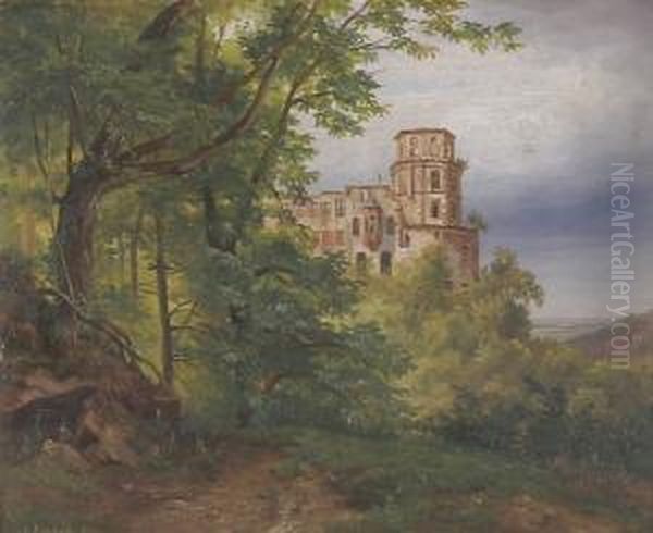 Blick Von Osten Auf Den 
Glockenturm Des Heidelberger Schlosses; Im Vordergrund Baume, Der 
Hintergrund Mit Blick In Die Rheinebene Oil Painting by Carl Ludwig Fahrbach