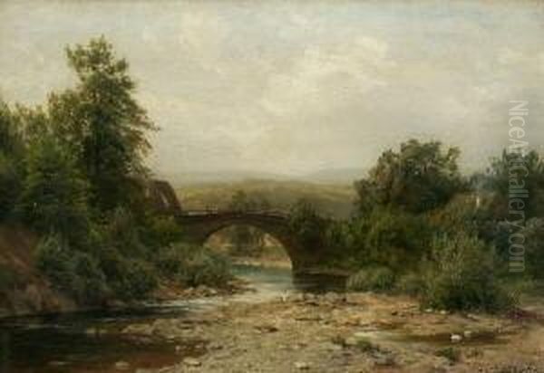 Flusslandschaft Mit
 Steinbrucke. Oil Painting by Carl Ludwig Fahrbach