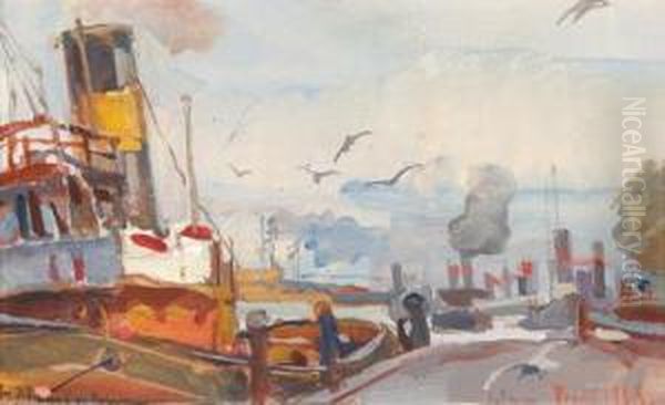 Harbour In Rotterdam Oil Painting by Carl Fahringer