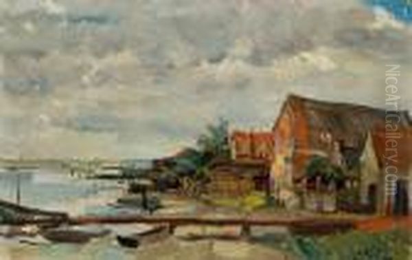 View Of Houses By The Water Oil Painting by Carl Fahringer