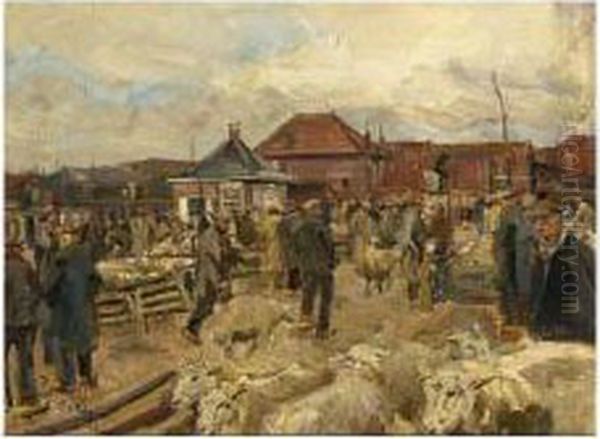 Cow Market Oil Painting by Carl Fahringer