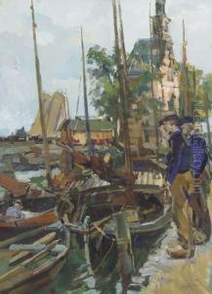 Fishermen On The Quay Near The Hoofdtoren, Hoorn Oil Painting by Carl Fahringer