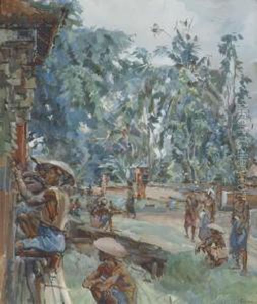 Stone Cutters At A Temple Site Oil Painting by Carl Fahringer