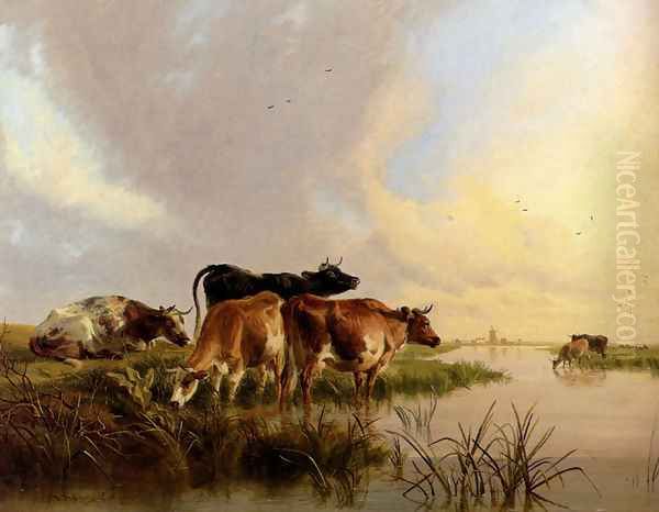 Cattle Watering Oil Painting by Thomas Sidney Cooper