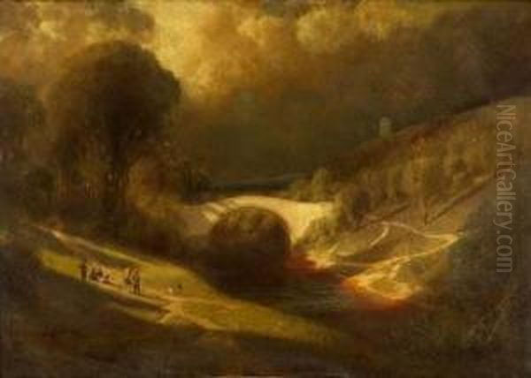 Figures On The Banks Of A River By A Bridge Oil Painting by James Fairman