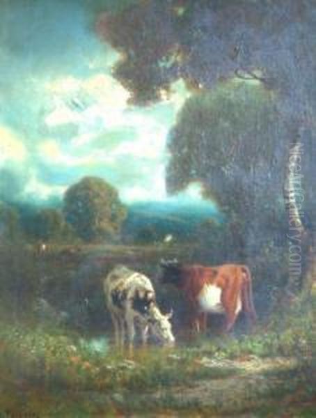 Cattle In A Water Meadow With Woodland Oil Painting by James Fairman