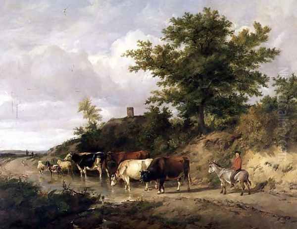 Wooded landscape with a boy on a donkey and cattle at a ford Oil Painting by Thomas Sidney Cooper