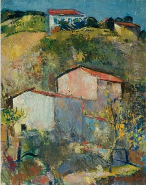 Hauser Am Hang (houses On A Slope) Oil Painting by Anton Faistauer