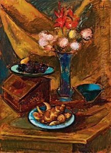 Blumen- Und Obststilleben Mit Weisgeback Oil Painting by Anton Faistauer