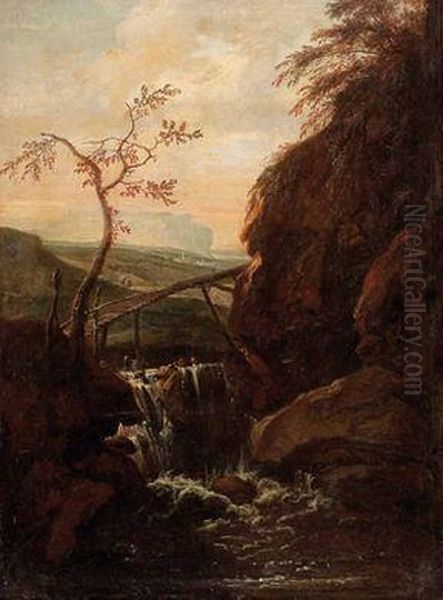 Landschaft Mit Wasserfall Und Felsen Oil Painting by Anton Faistenberger