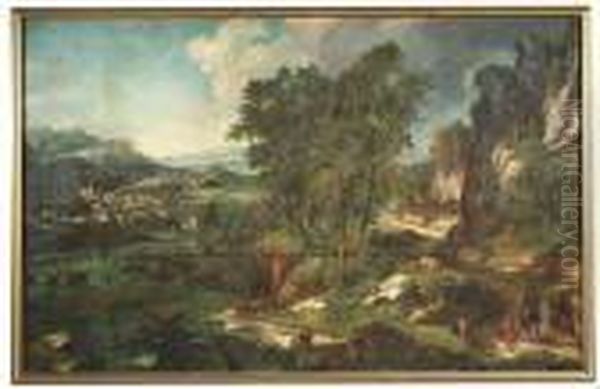 An Extensive River Landscape With A View Of Kitzbuhl. Oil/canvas/canvas Oil Painting by Anton Faistenberger