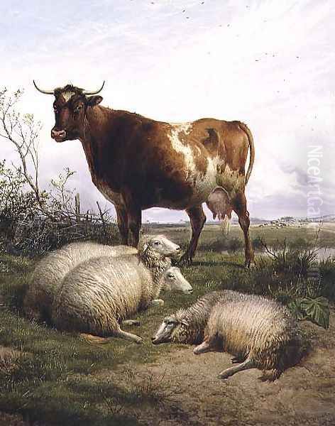 Sheep and a Cow Grazing Oil Painting by Thomas Sidney Cooper