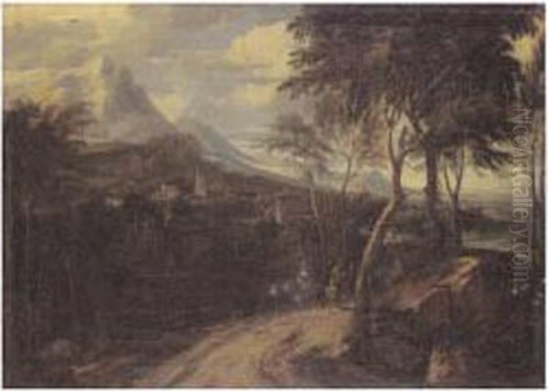 An Extensive Classical Landscape
 With An Elegant Lady And Other Travellers On A Road, A Town Beyond Oil Painting by Anton Faistenberger