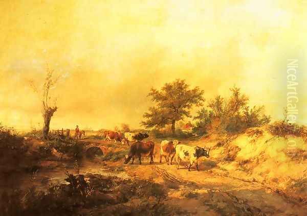 Near Canterbury: a Boy on a Donkey driving Cattle along a Road, the Cathedral beyond Oil Painting by Thomas Sidney Cooper