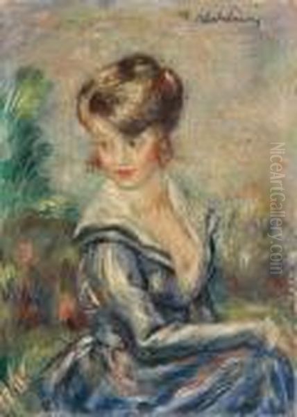 Portrait De Jeune Femme A La Robe Bleue Oil Painting by Abel Jules Faivre