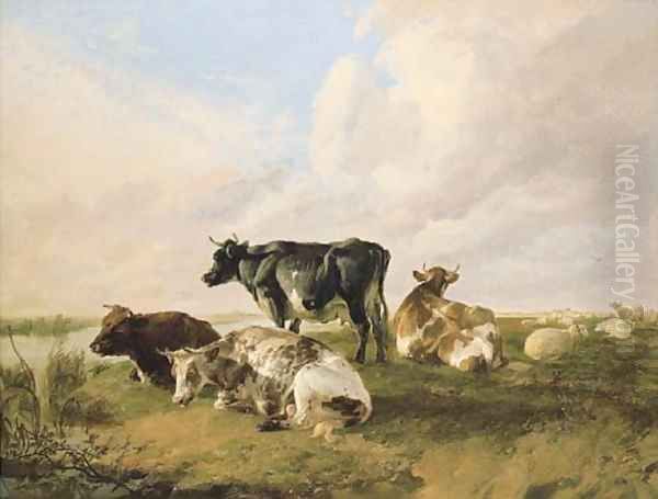 A bull, cows and sheep in a river landscape Oil Painting by Thomas Sidney Cooper