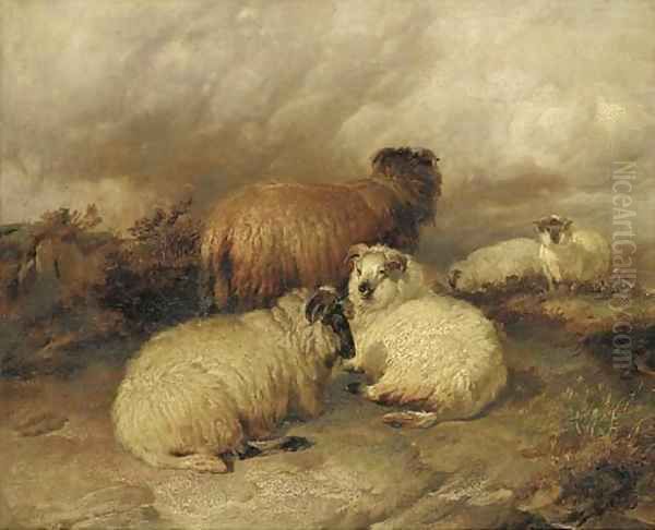 Sheep in a moorland landscape Oil Painting by Thomas Sidney Cooper