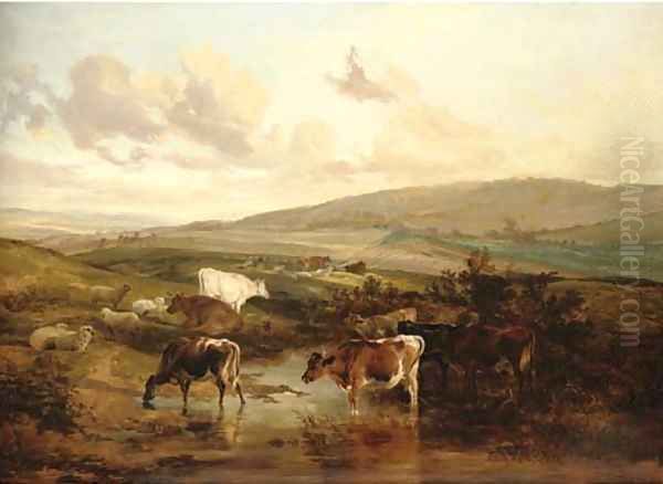 Sheep and cattle by a pond Oil Painting by Thomas Sidney Cooper