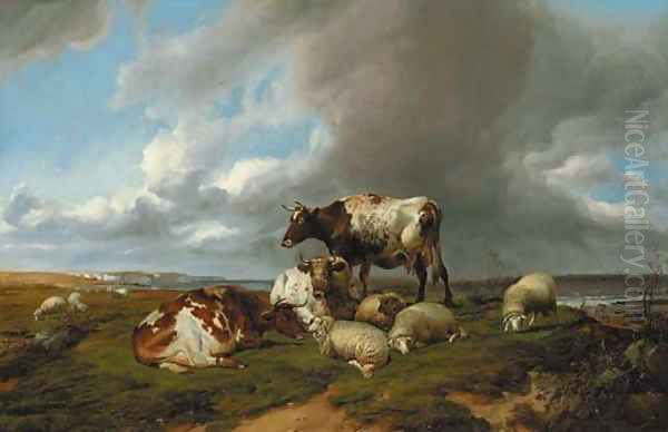 On the South Coast, with cows and sheep Oil Painting by Thomas Sidney Cooper