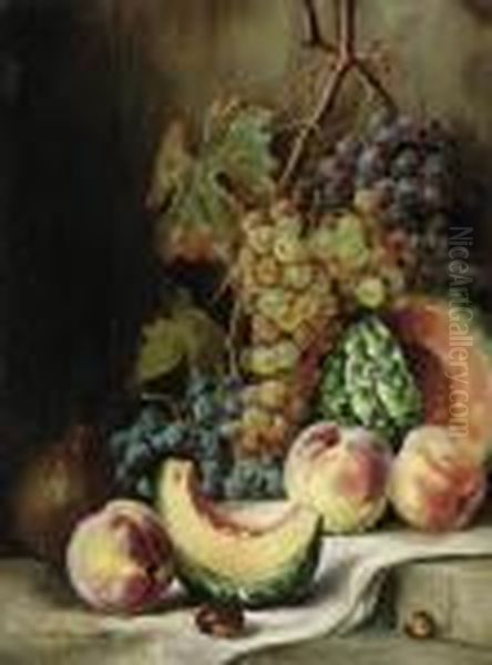 Hanging Grapes, A Watermelon, Peaches, A Pomegranate And Nuts On A Draped Ledge Oil Painting by Giuseppe Falchetti