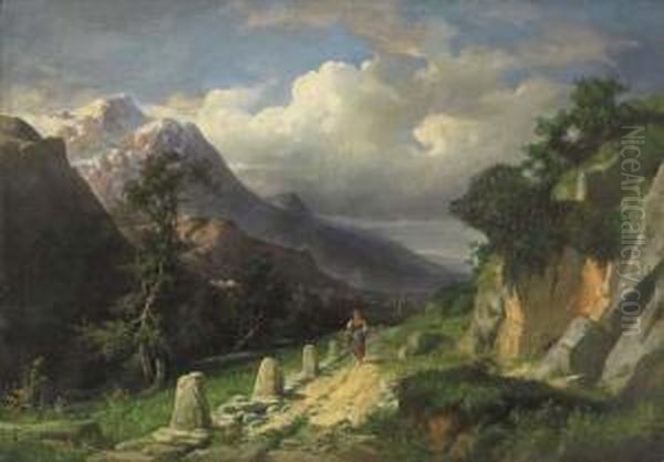 Paesaggio Montano Con Figura Oil Painting by Giuseppe Falchetti