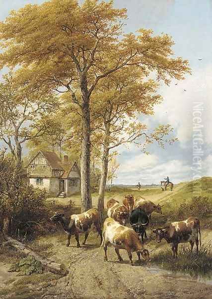 Cattle by a cottage, and a rider with his dog, Canterbury beyond Oil Painting by Thomas Sidney Cooper