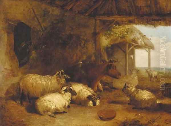 Sheep and cattle in a barn Oil Painting by Thomas Sidney Cooper