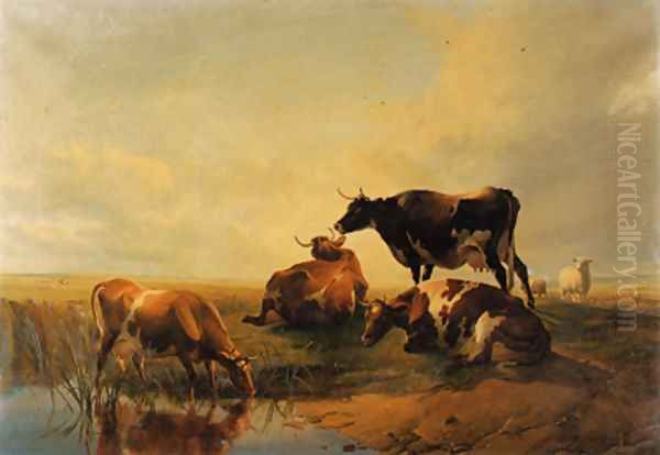 Cattle and sheep, by a pool Sunset Oil Painting by Thomas Sidney Cooper