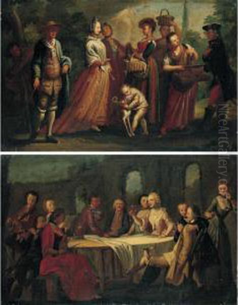 Figures Selling Various Objects 
To Passers-by; Figures Gathered Around A Table With Musicians Oil Painting by Filippo Falciatore