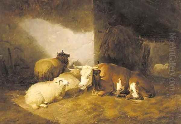 Cows and sheep in a barn Oil Painting by Thomas Sidney Cooper