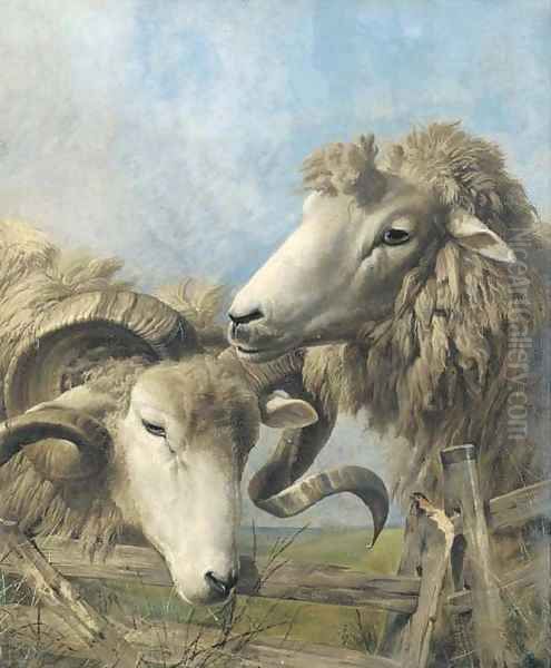 Heads of a sheep and a ram Oil Painting by Thomas Sidney Cooper