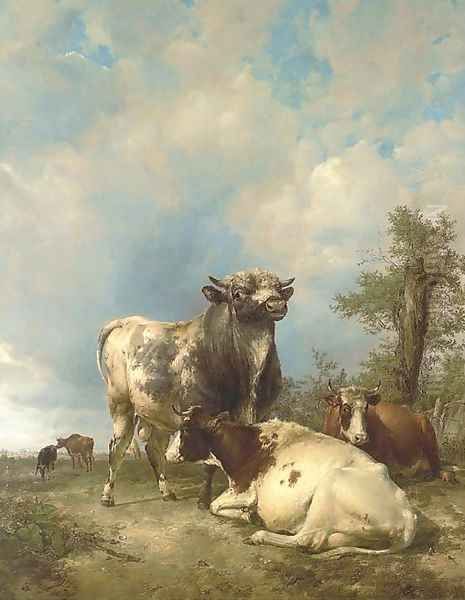 A Bull and Cows in a Landscape Oil Painting by Thomas Sidney Cooper