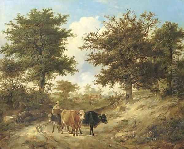 A lane scene, with a peasant driving cattle Oil Painting by Thomas Sidney Cooper