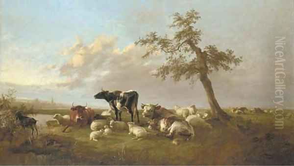 Cattle and sheep in an extensive landscape Oil Painting by Thomas Sidney Cooper