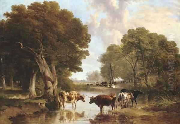 Cattle on the banks of a river Oil Painting by Thomas Sidney Cooper