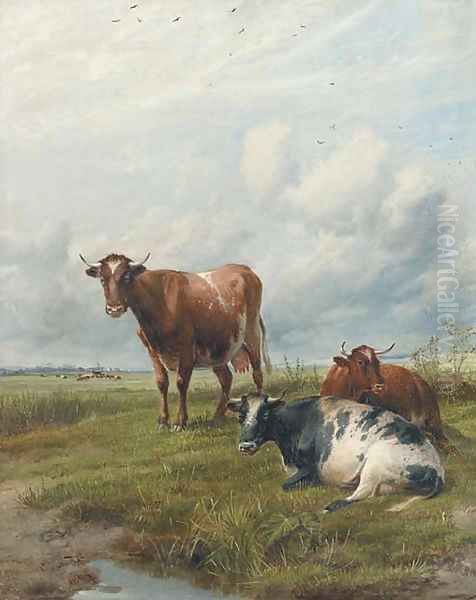 Cattle in an extensive landscape Oil Painting by Thomas Sidney Cooper