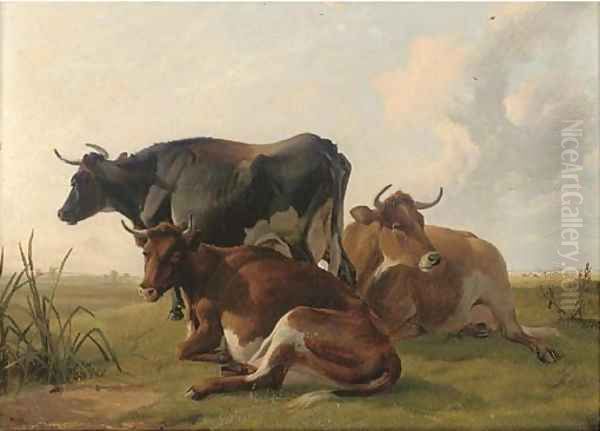 Cattle resting in an extensive landscape Oil Painting by Thomas Sidney Cooper