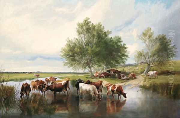 On a Dairy Farm Oil Painting by Thomas Sidney Cooper