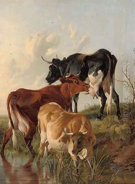 Cattle by a pond Oil Painting by Thomas Sidney Cooper