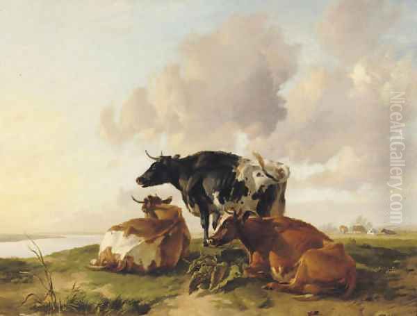 Cattle by a river Oil Painting by Thomas Sidney Cooper