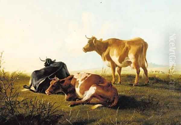 Cattle resting on a grassy mound in an extensive landscape Oil Painting by Thomas Sidney Cooper