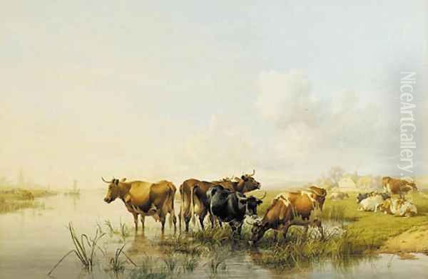 Cattle watering on the River Stour below Fordwith, Kent Oil Painting by Thomas Sidney Cooper